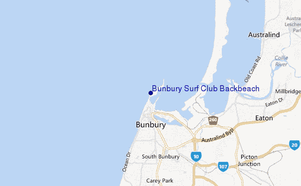 mapa de localização de Bunbury Surf Club Backbeach