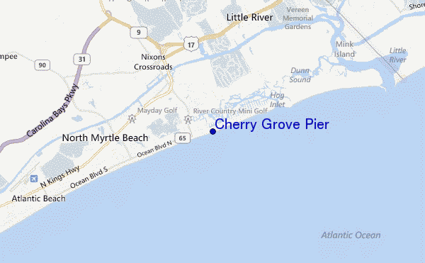 mapa de localização de Cherry Grove Pier