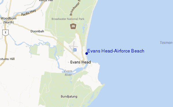 mapa de localização de Evans Head-Airforce Beach