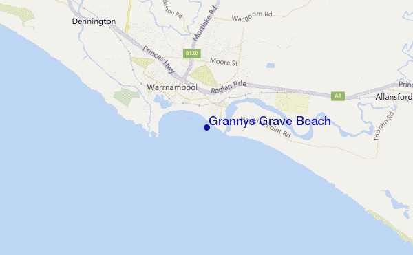 mapa de localização de Grannys Grave Beach