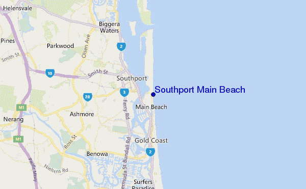 mapa de localização de Southport Main Beach