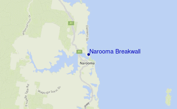 mapa de localização de Narooma Breakwall