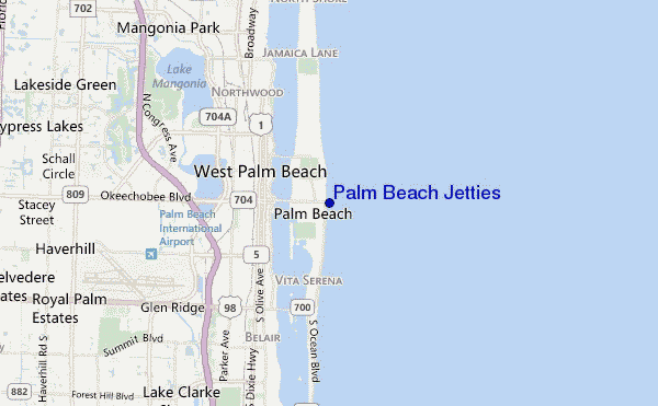 mapa de localização de Palm Beach Jetties