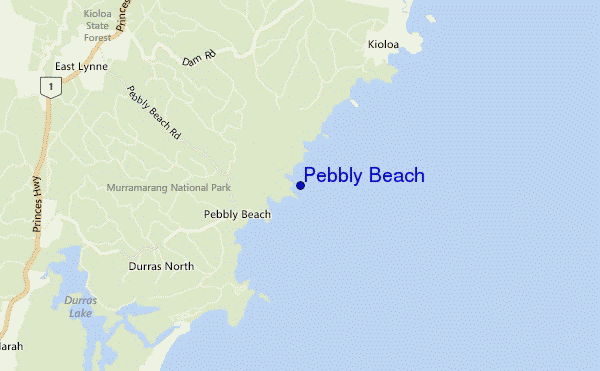 mapa de localização de Pebbly Beach