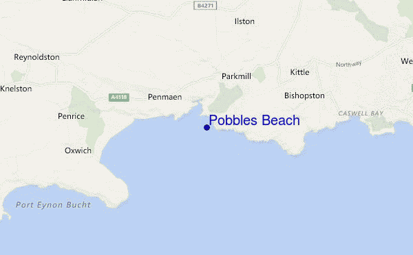 mapa de localização de Pobbles Beach