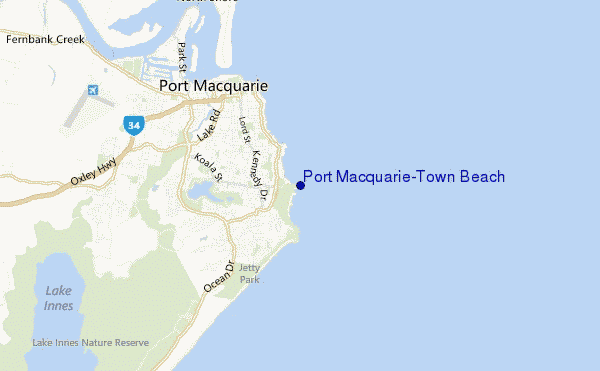 mapa de localização de Port Macquarie-Town Beach