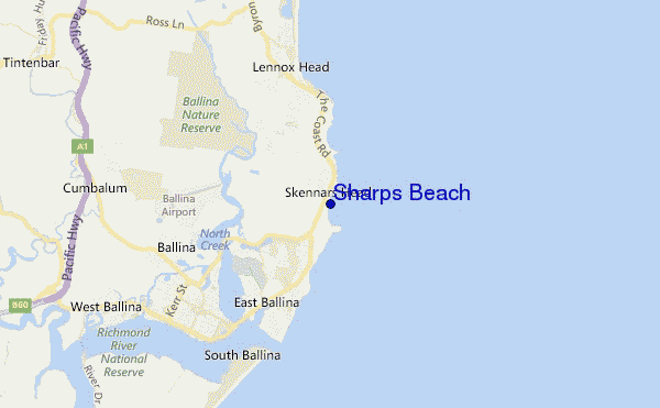 mapa de localização de Sharps Beach