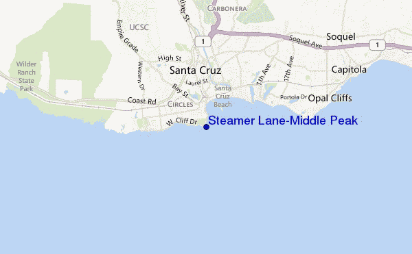 mapa de localização de Steamer Lane-Middle Peak