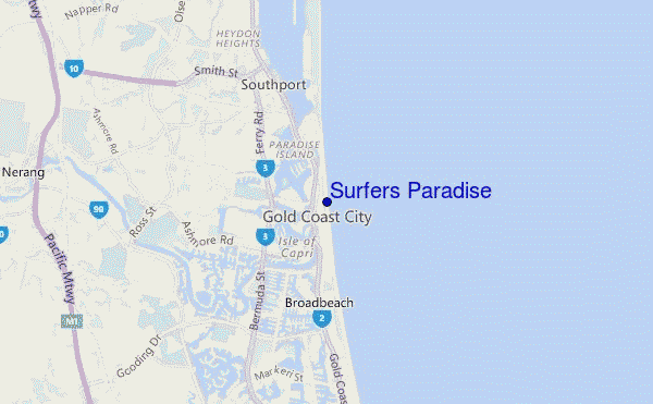 mapa de localização de Surfers Paradise