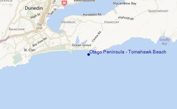 mapa de localização de Otago Peninsula - Tomahawk Beach
