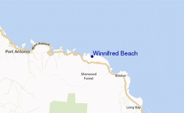 mapa de localização de Winnifred Beach