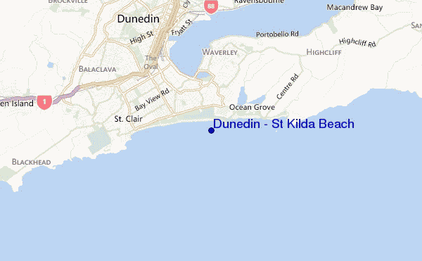 mapa de localização de Dunedin - St Kilda Beach