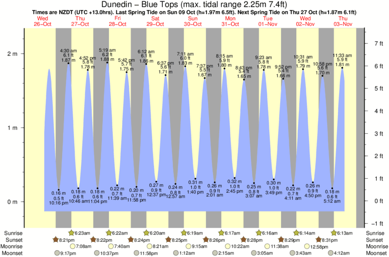 Gráficos da maré para Dunedin - Blue Tops, perto do spot de surf de Dunedin - Kuri Bush