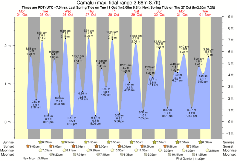 Gráficos da maré para Camalu, perto do spot de surf de Rincon De Baja
