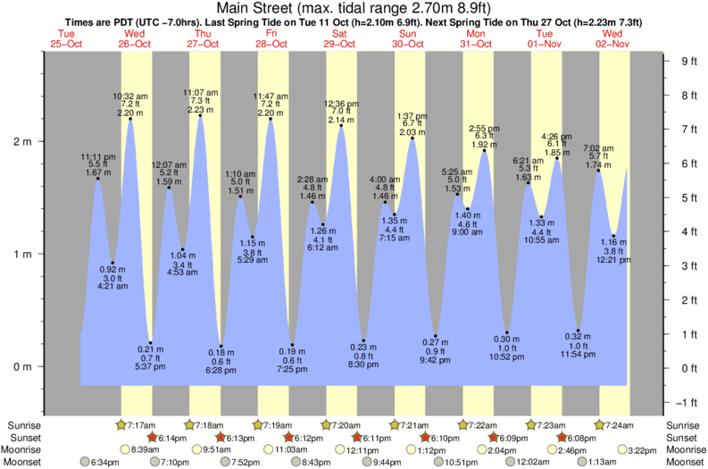 tide graph for Main Street surf break